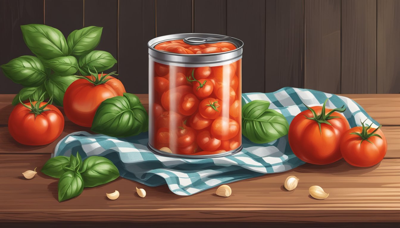 A can of San Marzano whole peeled tomatoes surrounded by fresh basil and garlic cloves on a rustic wooden kitchen counter