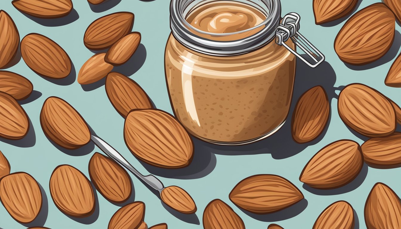 A jar of almond butter surrounded by almonds and a measuring spoon