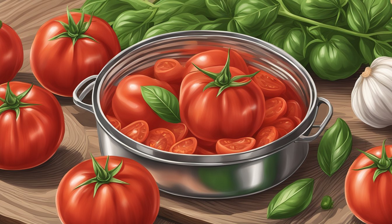 A can of San Marzano whole peeled tomatoes surrounded by fresh basil leaves and garlic cloves on a wooden cutting board