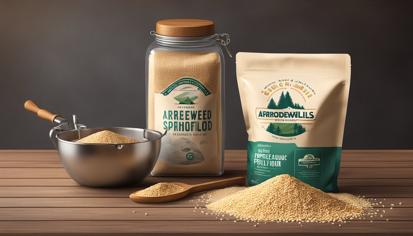 A rustic wooden table with a bag of Arrowhead Mills organic spelt flour, surrounded by scattered grains and a vintage flour sifter