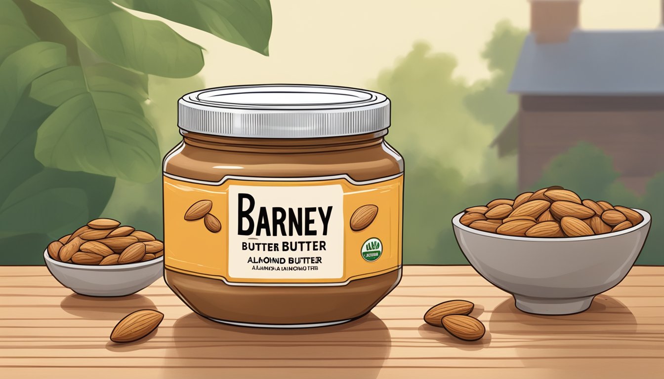 A jar of Barney Butter almond butter sits on a smooth, wooden table surrounded by scattered almonds and a pile of fresh, whole almonds