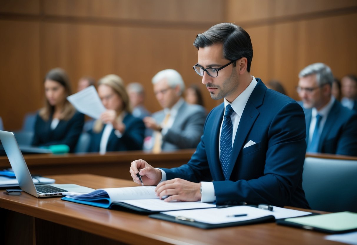 A criminal lawyer examining evidence, analyzing data, and constructing logical arguments in a courtroom setting