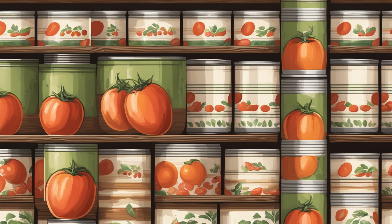 A rustic pantry shelf holds rows of neatly stacked San Marzano whole peeled tomato cans