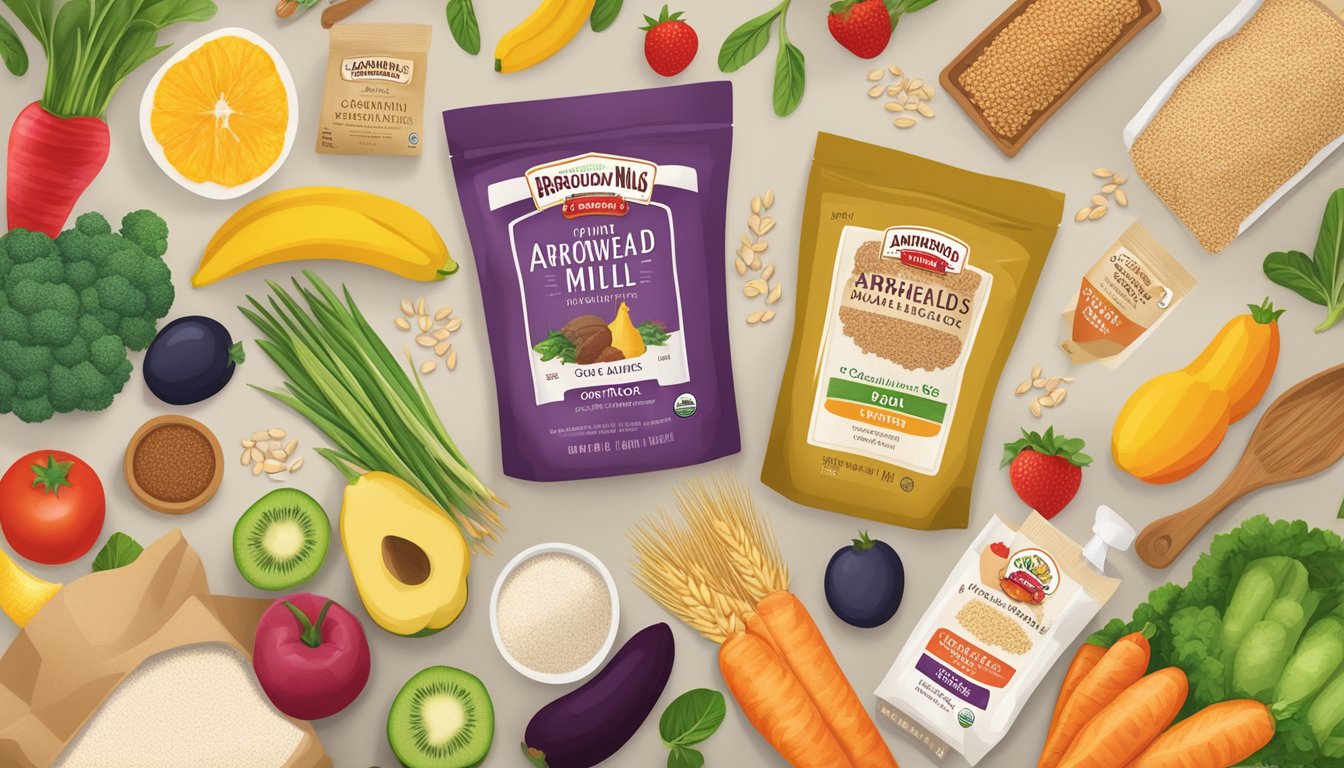 A bag of Arrowhead Mills organic spelt flour surrounded by various whole grains and a variety of fresh fruits and vegetables