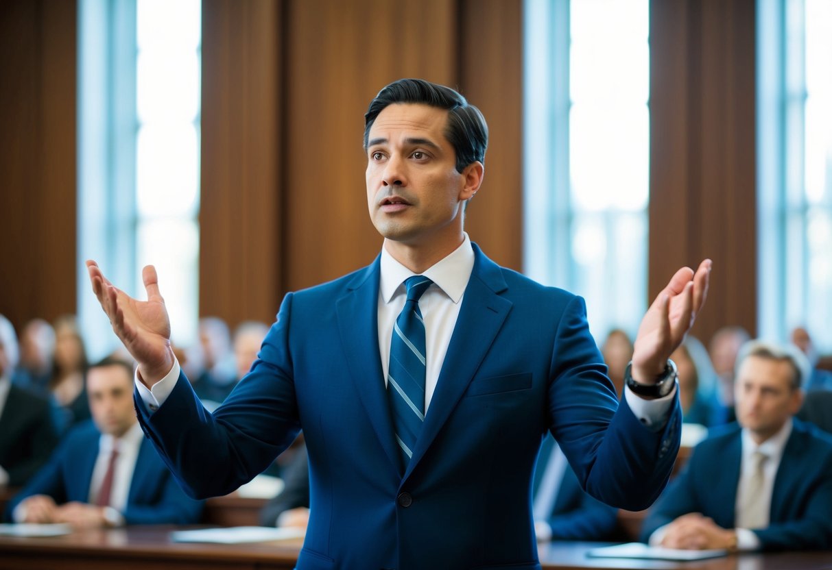 A criminal lawyer in a courtroom, presenting a compelling argument with confidence and authority, while using analytical thinking to dissect evidence and build a strong case