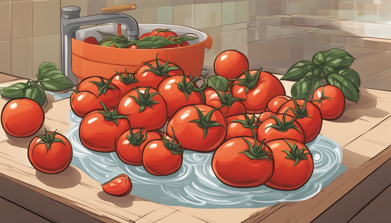 San Marzano tomatoes being gently washed and cut for cooking