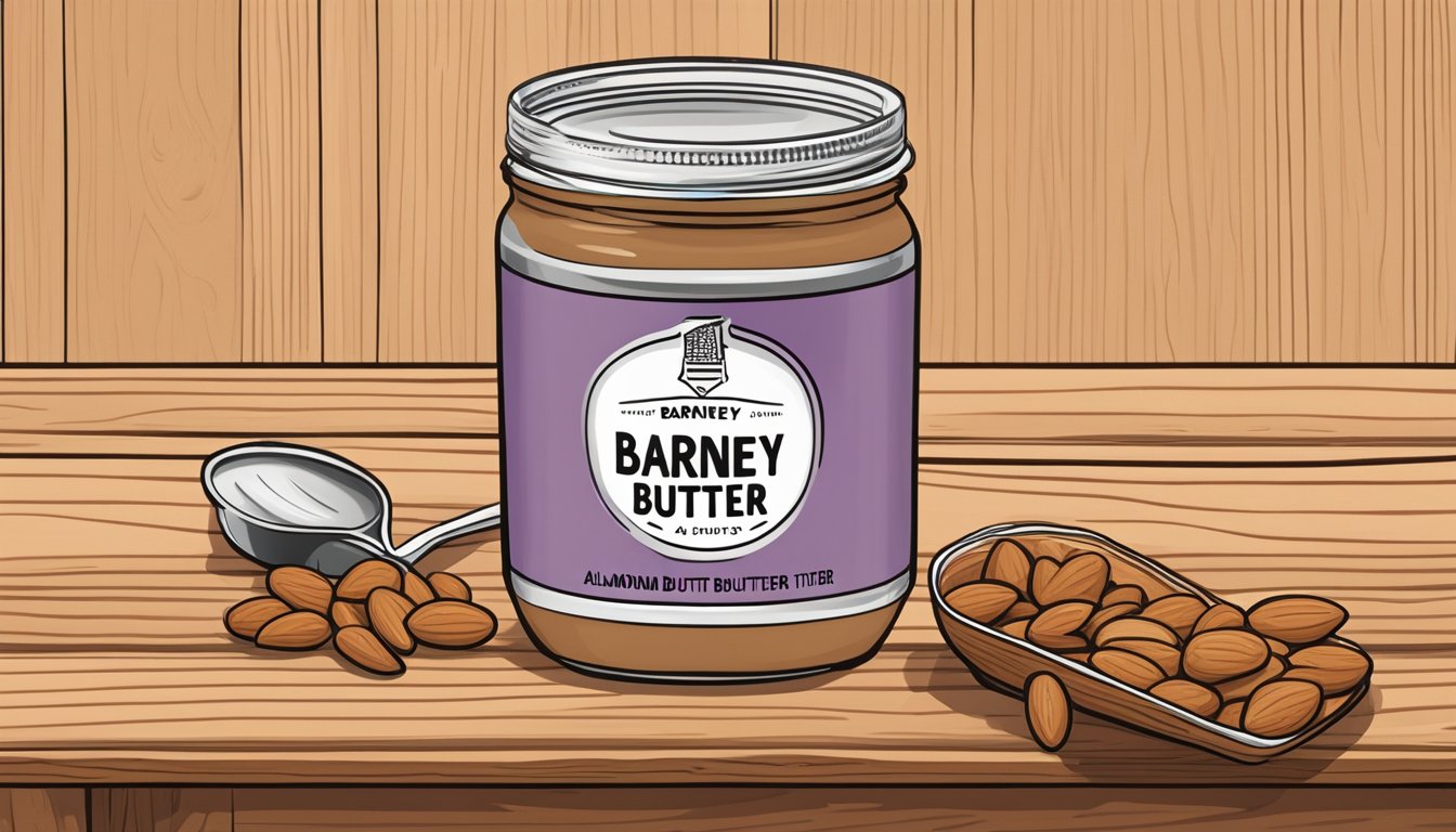 A jar of Barney Butter almond butter sits open on a wooden table, surrounded by a few smooth, spreadable almonds