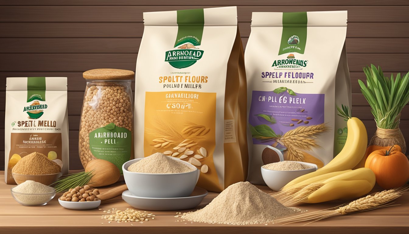 A bag of Arrowhead Mills organic spelt flour surrounded by various organic foods on a wooden table