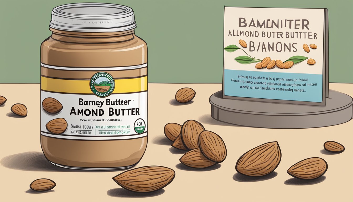 A jar of Barney Butter almond butter sits on a table, surrounded by almonds and a warning sign for allergy information