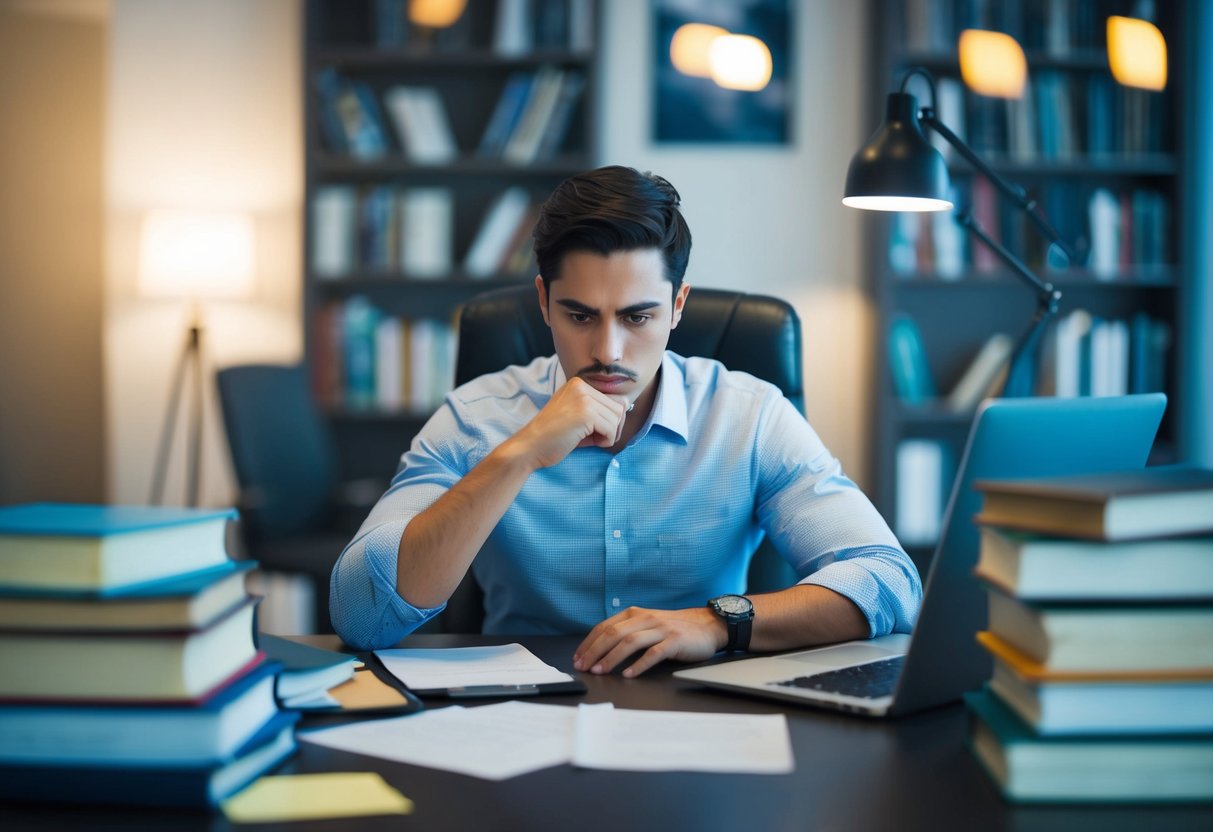 A person sitting at a desk surrounded by books, papers, and a laptop, deep in thought while analyzing and preparing a case