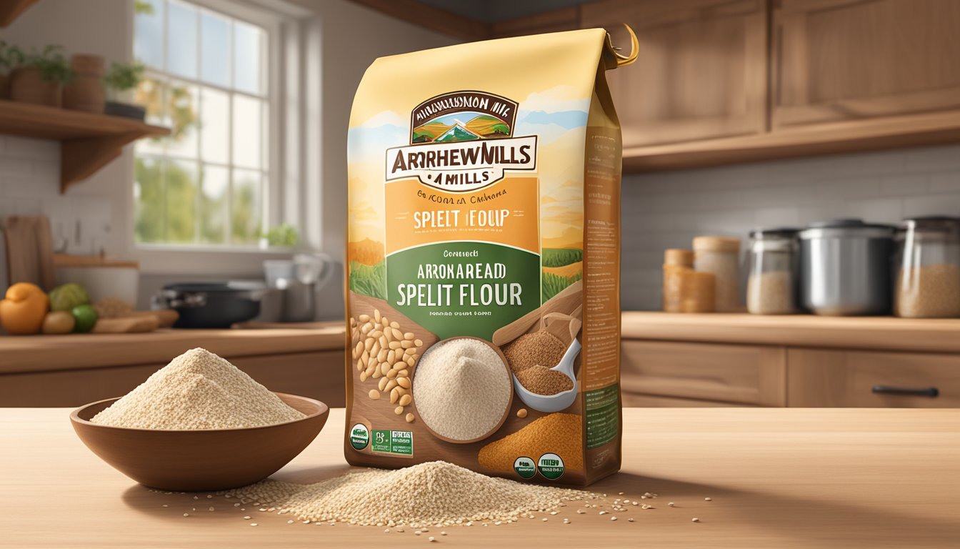 A bag of Arrowhead Mills organic spelt flour surrounded by various grains and ingredients on a wooden kitchen counter