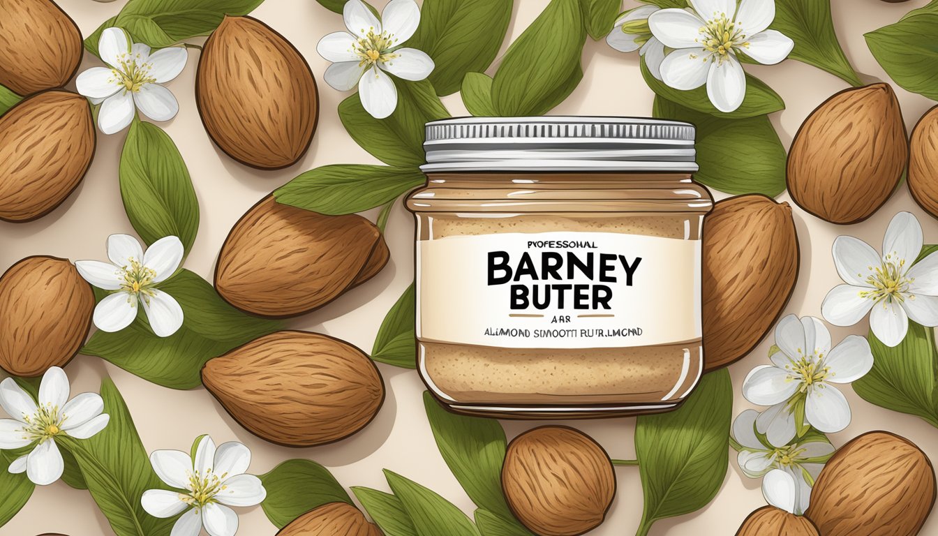 A jar of smooth Barney Butter almond butter surrounded by whole almonds and almond blossoms