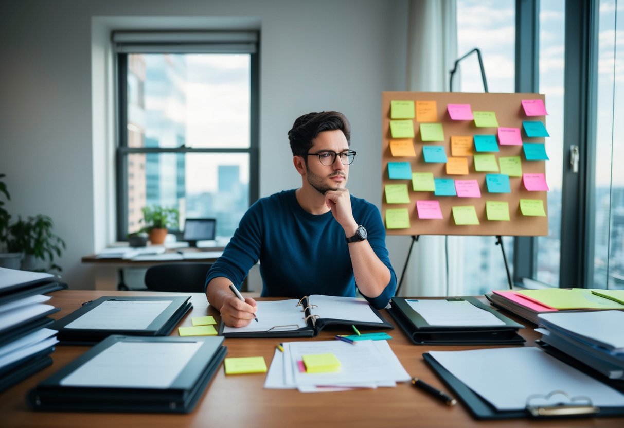 A cluttered desk with open case files, a brainstorming board covered in sticky notes, and a person deep in thought