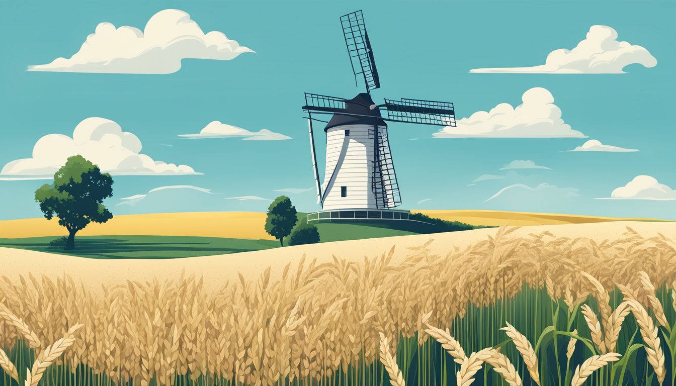 A lush field of organic spelt grain growing under the clear blue sky, with a windmill in the background symbolizing sustainability