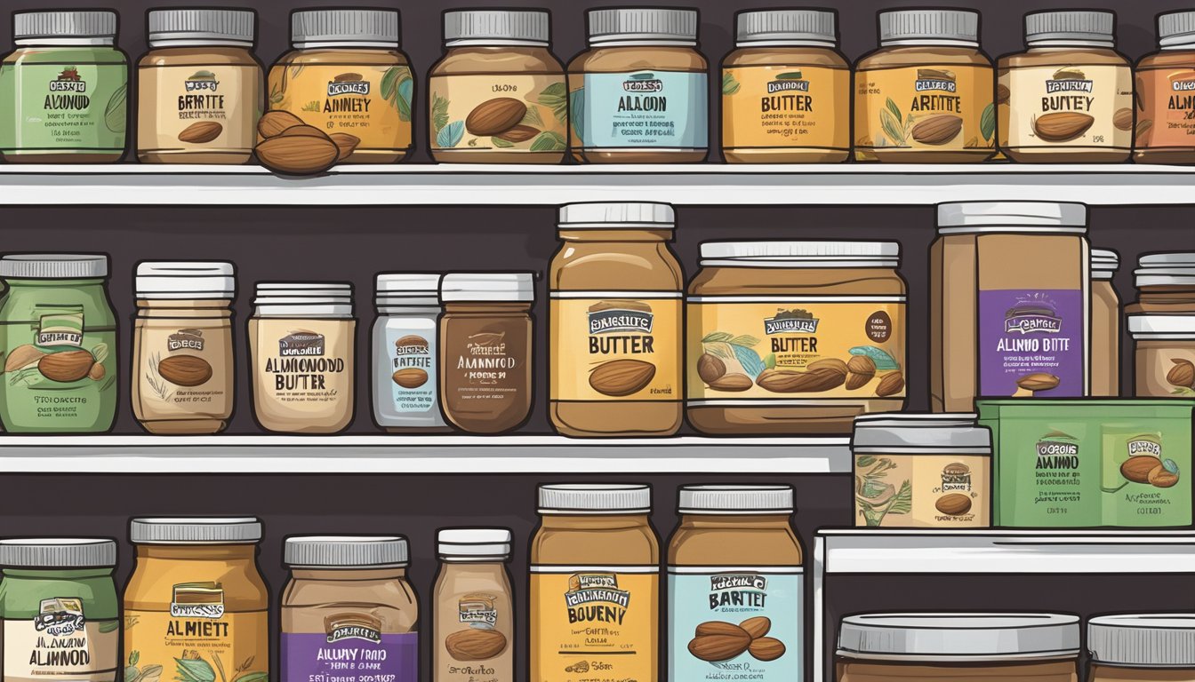 A jar of Barney Butter almond butter sits on a shelf in a grocery store, surrounded by other nut butters