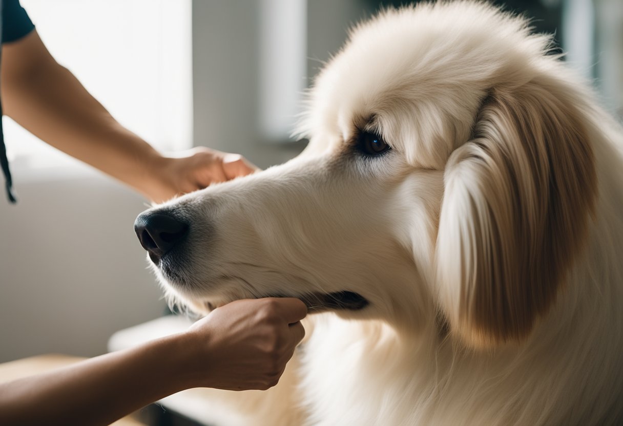 Um cachorro de pelo longo e fofinho sendo gentilmente escovado e cuidado por um dono atencioso em uma sala clara e espaçosa.