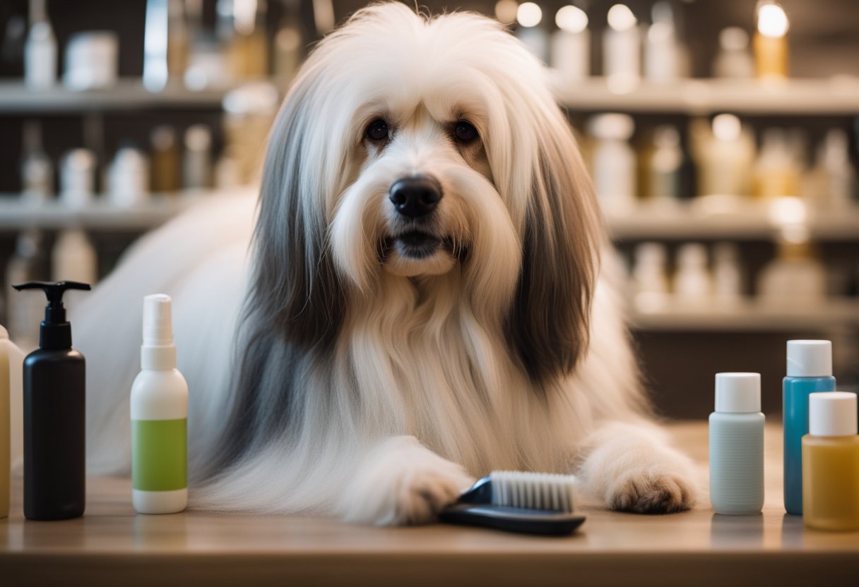 Um cachorro peludo e de pelo longo sendo escovado com uma escova e um pente, cercado por frascos de xampu e condicionador, com uma expressão gentil no rosto.