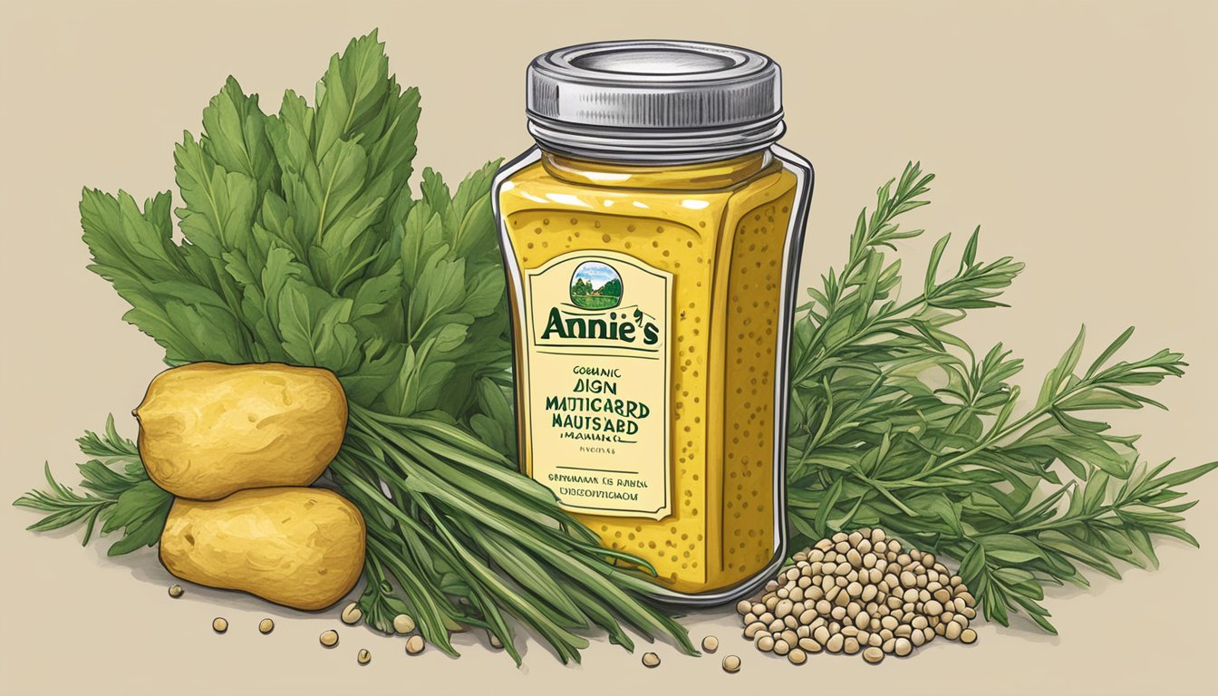 A jar of Annie's Naturals Organic Dijon Mustard surrounded by fresh mustard seeds, garlic cloves, and sprigs of tarragon