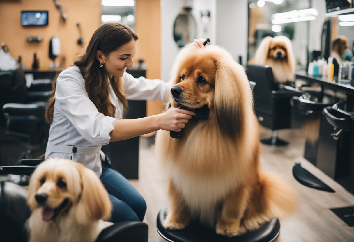 Um cachorro de pelo longo sendo gentilmente escovado e cuidado por um groomer profissional em um salão de estética espaçoso e iluminado.