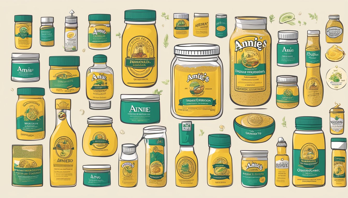 A jar of Annie's Naturals organic Dijon mustard surrounded by various certification and compliance logos and symbols