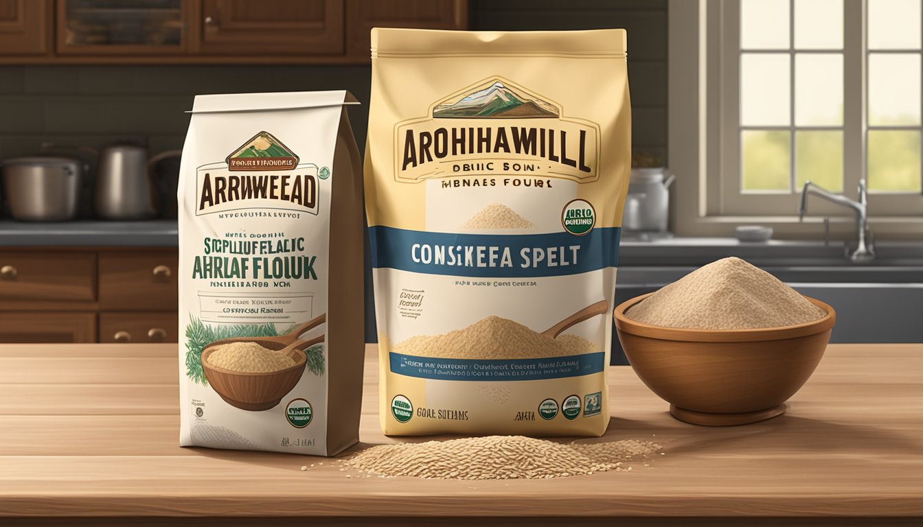 A bag of Conclusion Arrowhead Mills organic spelt flour sits on a wooden kitchen counter next to a rustic mixing bowl and a vintage sifter