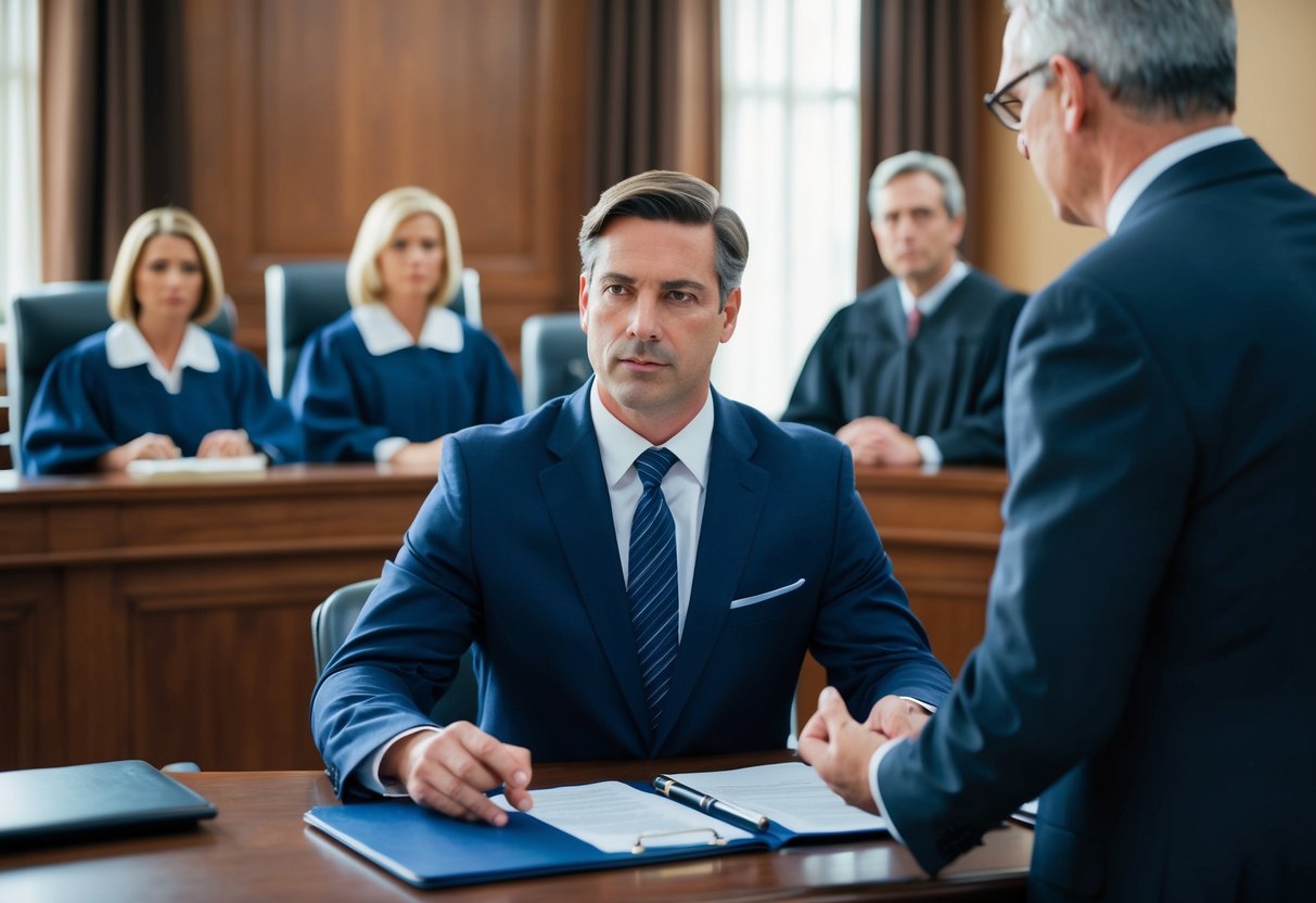 A criminal lawyer in Marietta strategizes negotiation in a courtroom setting. The lawyer confidently presents their case to a judge and jury