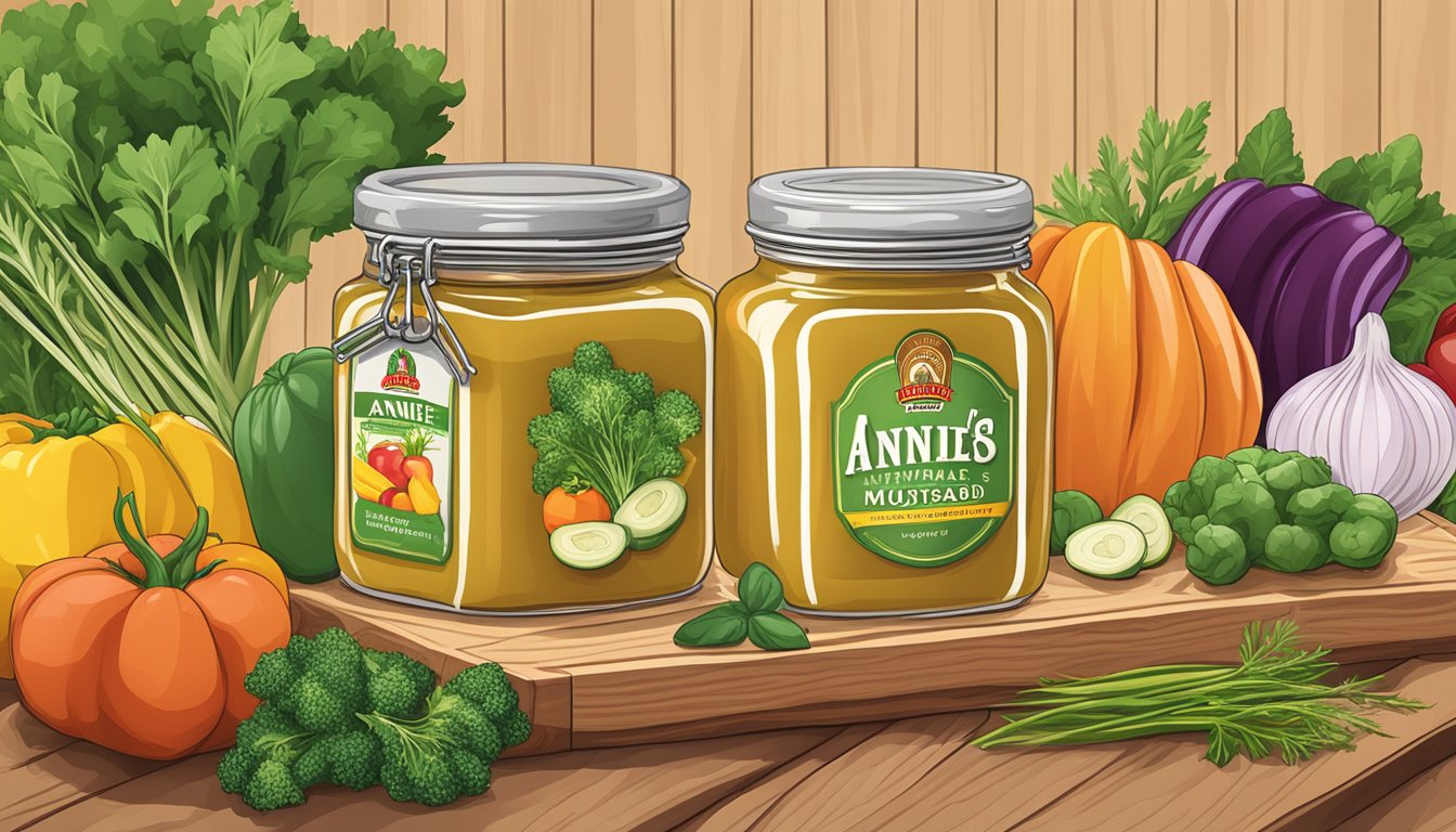 A jar of Annie's Naturals organic Dijon mustard surrounded by fresh herbs and colorful vegetables on a wooden cutting board