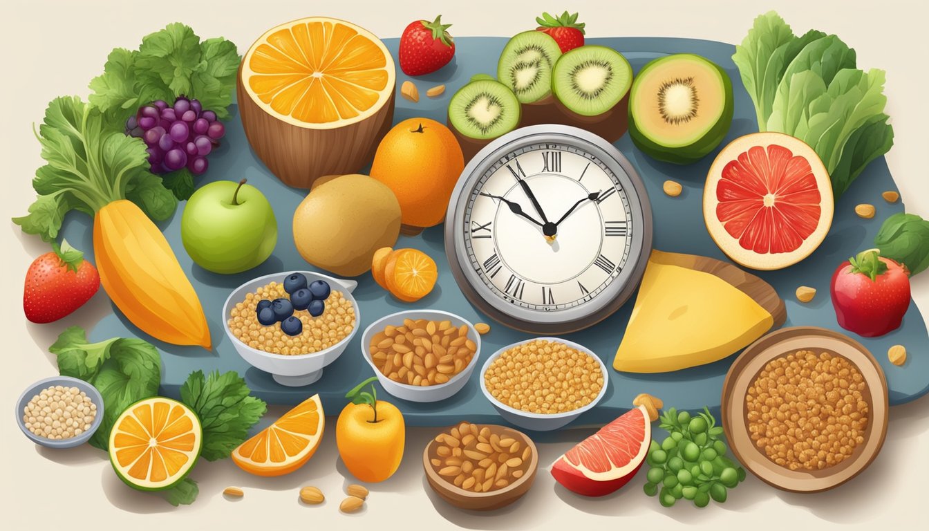 A table set with a colorful array of fresh fruits, vegetables, grains, and proteins, with a clock showing the time for breaking the fast