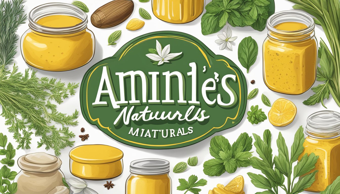 A jar of Annie's Naturals organic dijon mustard surrounded by fresh herbs and spices