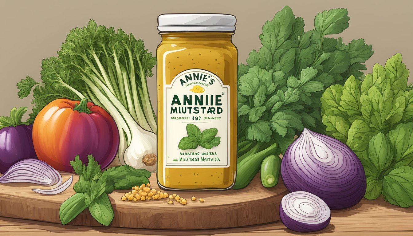 A jar of Annie's Naturals organic Dijon mustard surrounded by fresh herbs and vegetables on a wooden cutting board