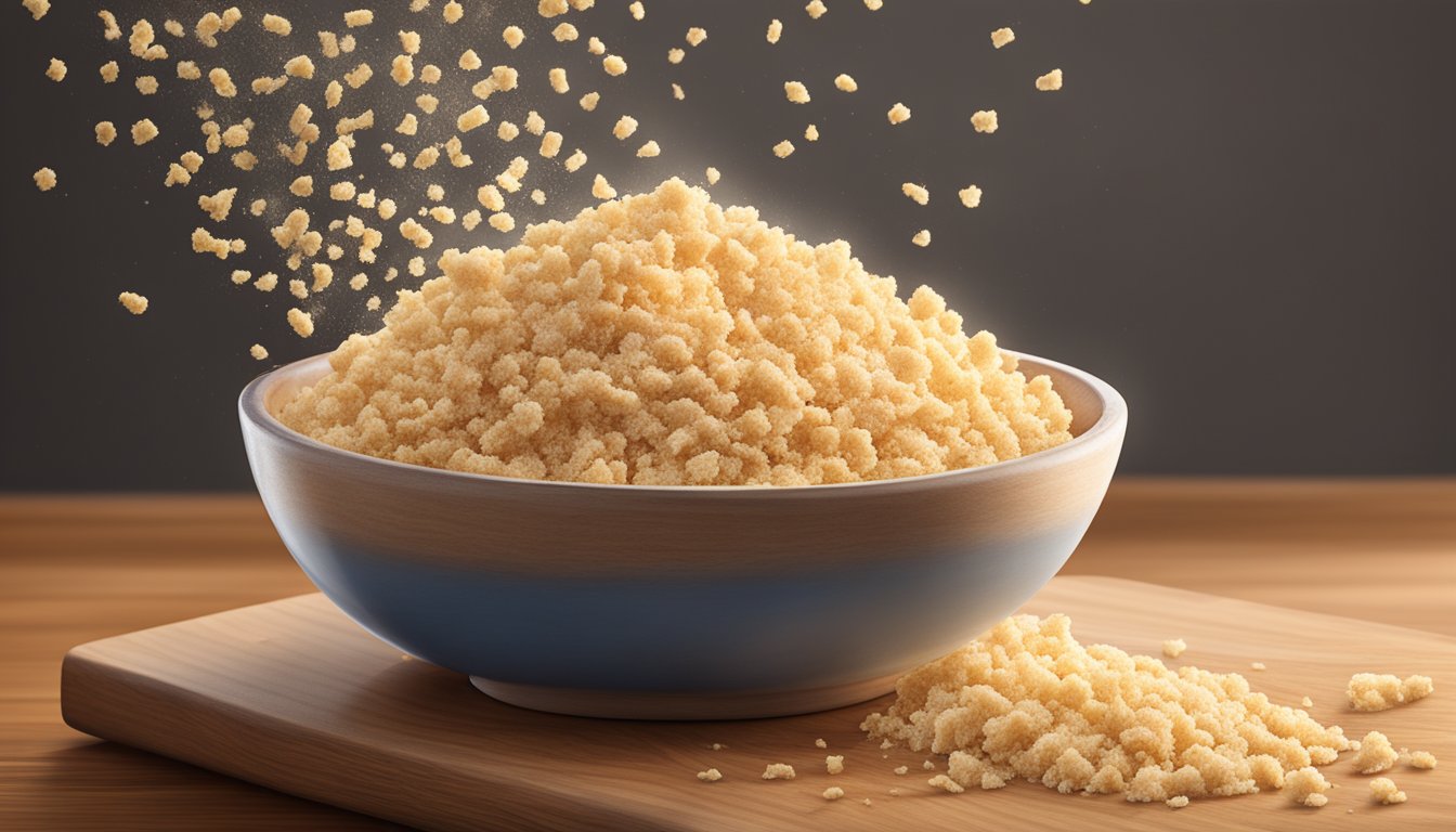 A bowl of Progresso Italian style bread crumbs spilling out onto a wooden cutting board