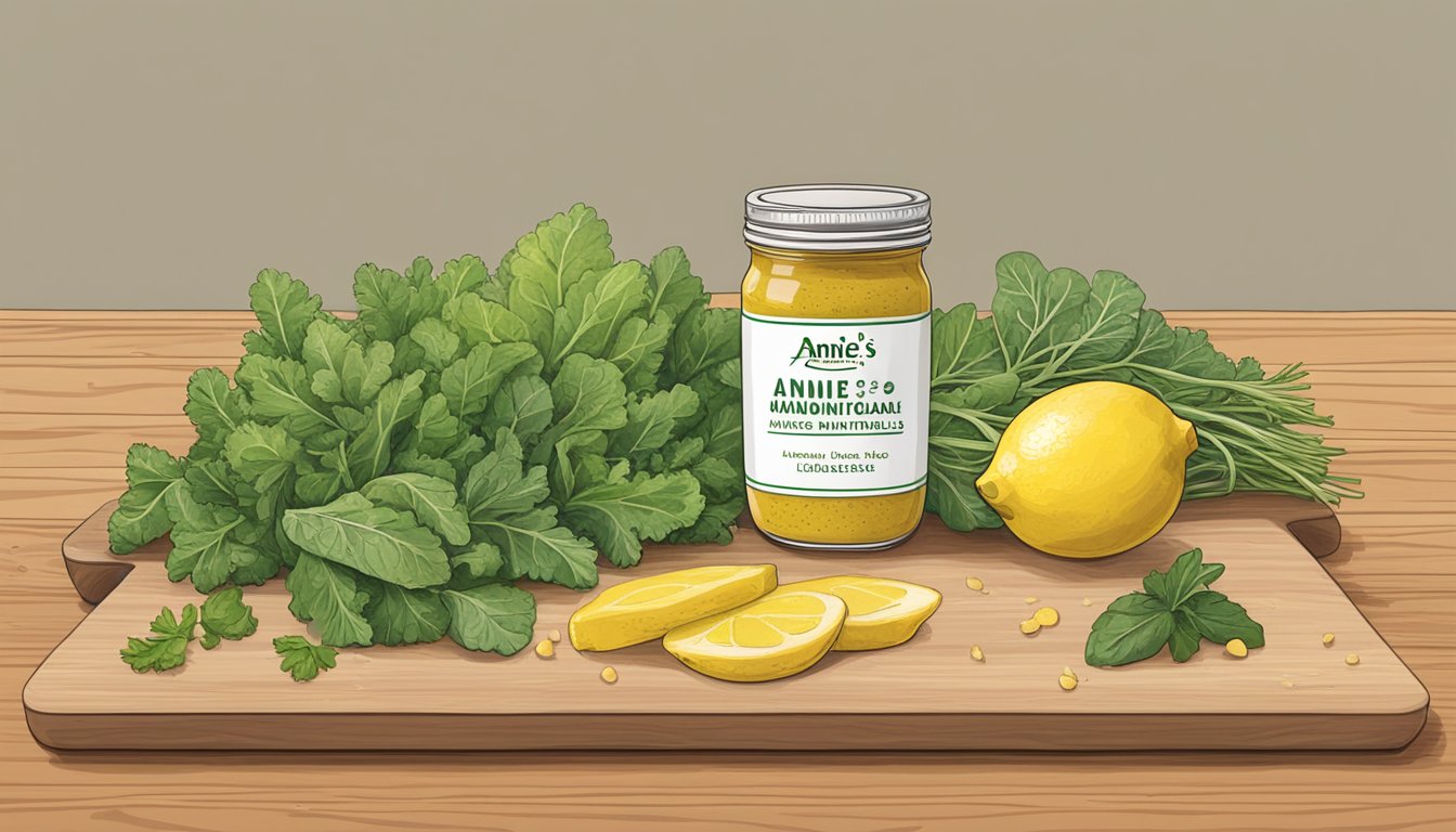 A jar of Annie's Naturals organic Dijon mustard sits open on a wooden cutting board, surrounded by fresh herbs, a lemon, and a bowl of mixed greens