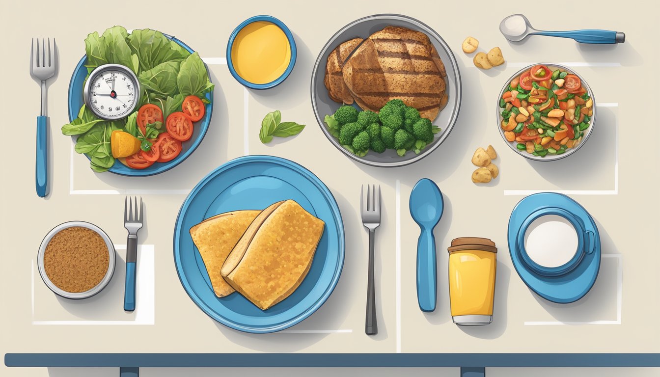 An athlete's personalized OMAD meal plan, featuring a balanced plate of protein, complex carbs, and healthy fats, alongside sports equipment and a stopwatch