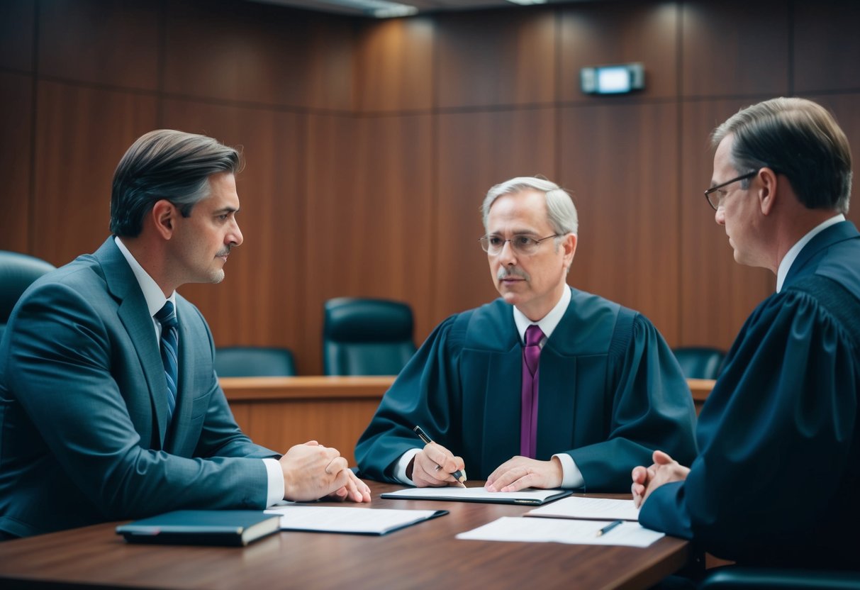 A courtroom with a defense attorney and prosecutor at a table, discussing terms. Judge presiding over the negotiation