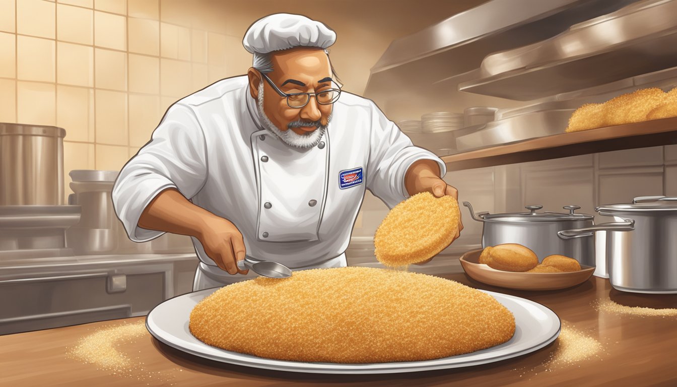 A chef sprinkles Progresso Italian style bread crumbs onto a golden brown chicken cutlet