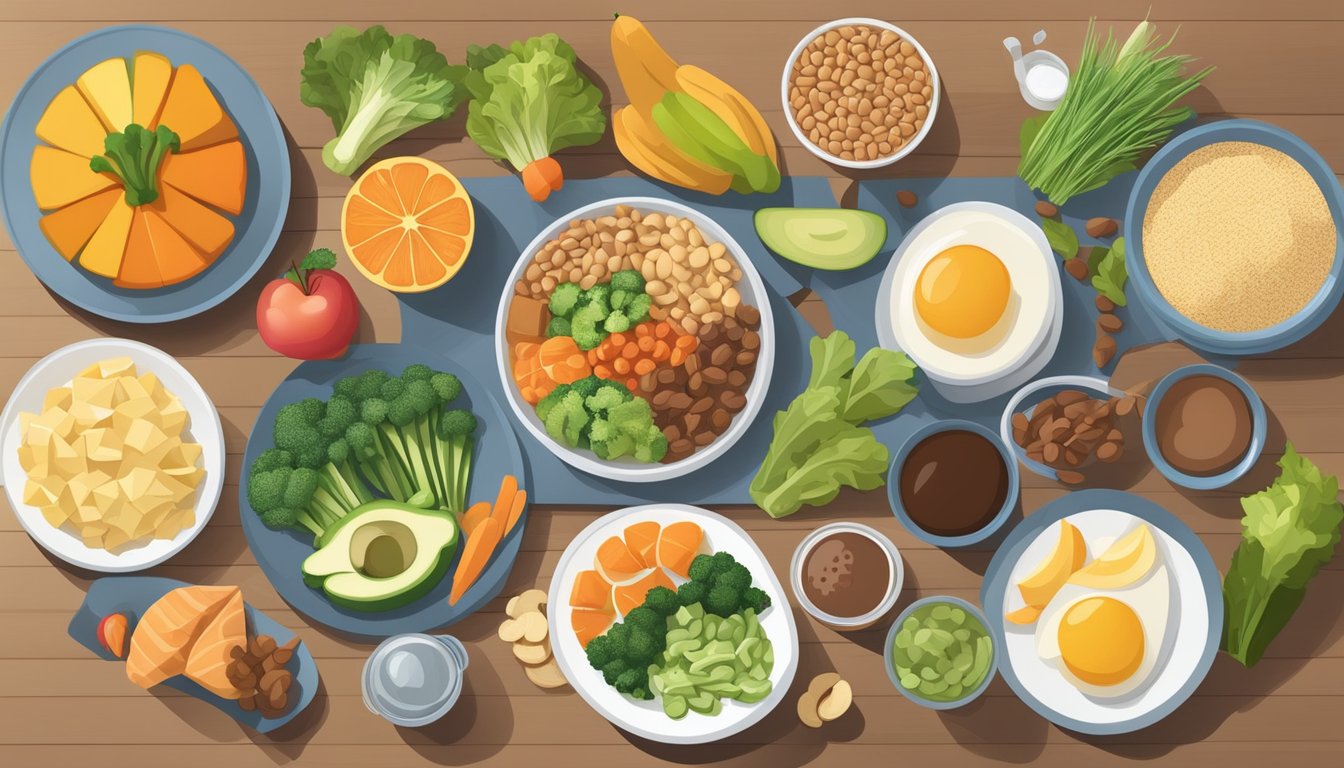 An athlete's meal laid out on a table with a variety of nutritious foods, including lean proteins, whole grains, fruits, and vegetables