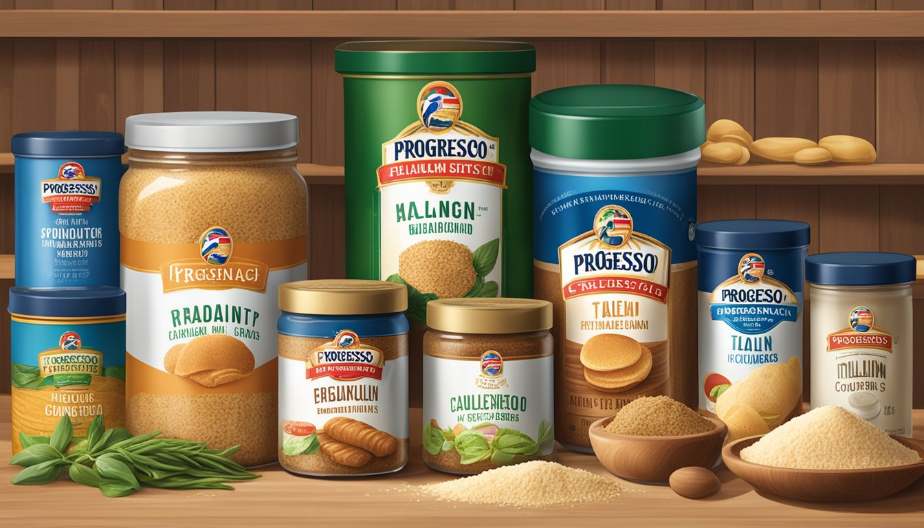 A jar of Progresso Italian style bread crumbs sits on a pantry shelf, surrounded by other cooking ingredients