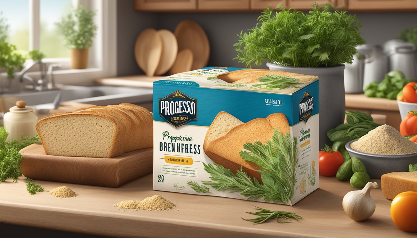 A rustic kitchen countertop with an open package of Progresso Italian style bread crumbs surrounded by fresh herbs and vegetables