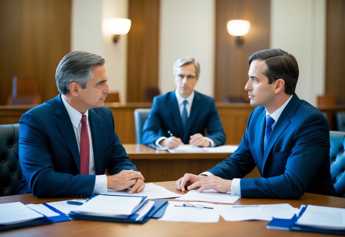 A courtroom setting with two opposing legal teams engaged in a negotiation. The lawyers are seated at a table, with documents and evidence scattered around