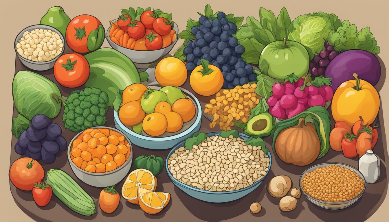 A colorful array of fresh fruits, vegetables, grains, and proteins arranged on a table, surrounded by budget-friendly grocery items