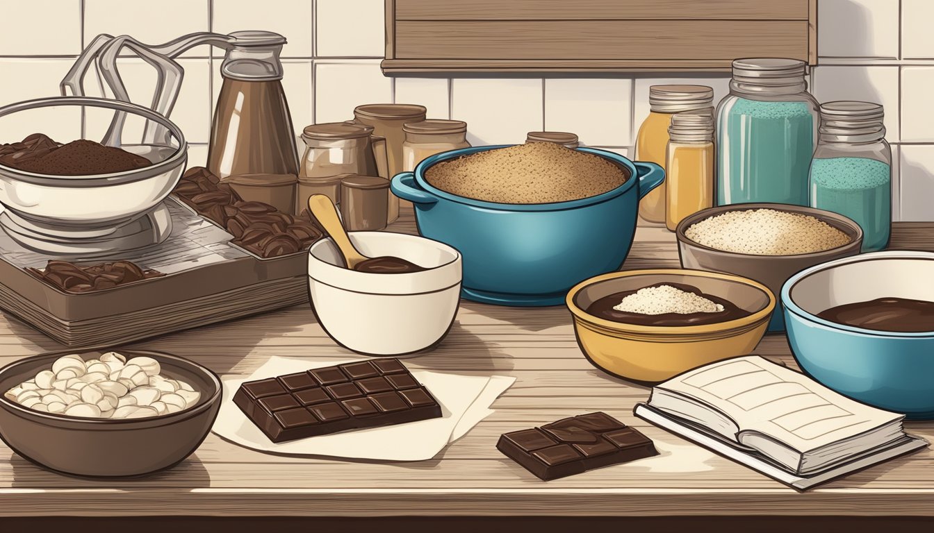 A vintage kitchen scene with a baker's unsweetened baking chocolate bar, mixing bowls, and a recipe book open to a page about chocolate desserts