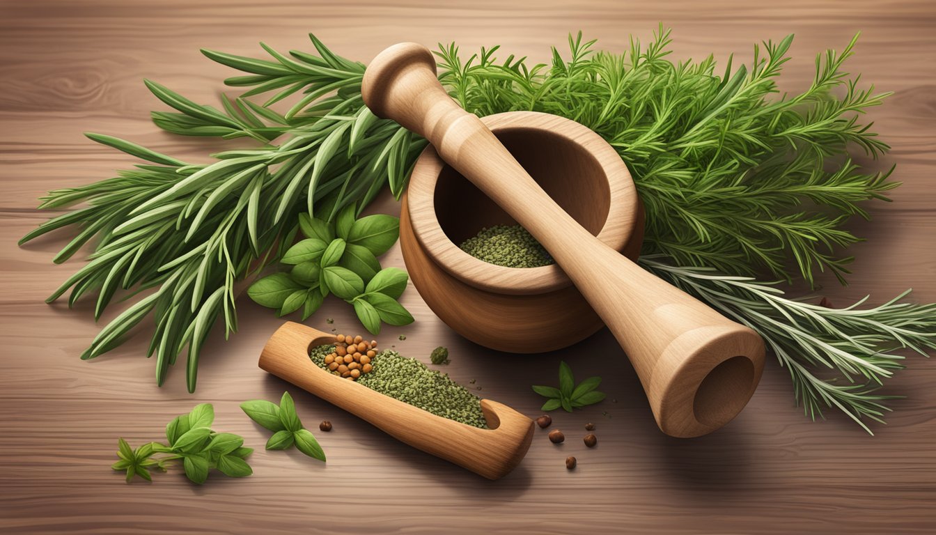 A rustic wooden mortar and pestle filled with organic crushed rosemary, surrounded by fresh herbs and spices