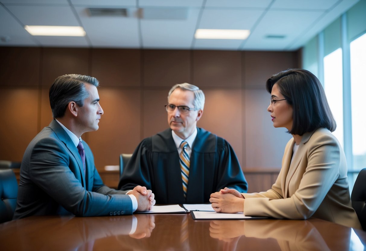 A criminal defense attorney and a prosecutor negotiating in a courthouse conference room