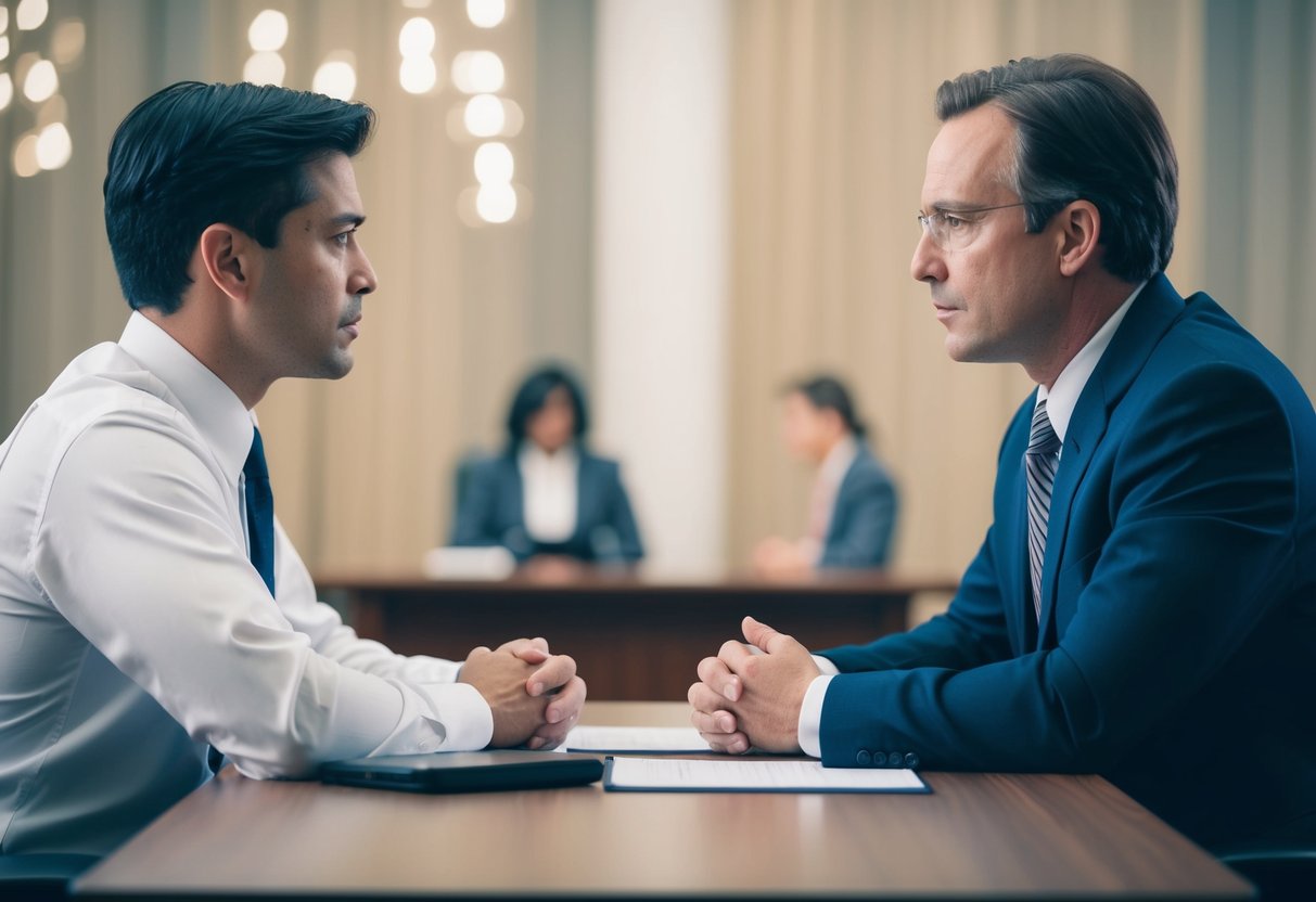 A lawyer and a prosecutor sit across from each other at a table, discussing terms and conditions for a plea bargain. The atmosphere is tense, but both parties are focused and determined