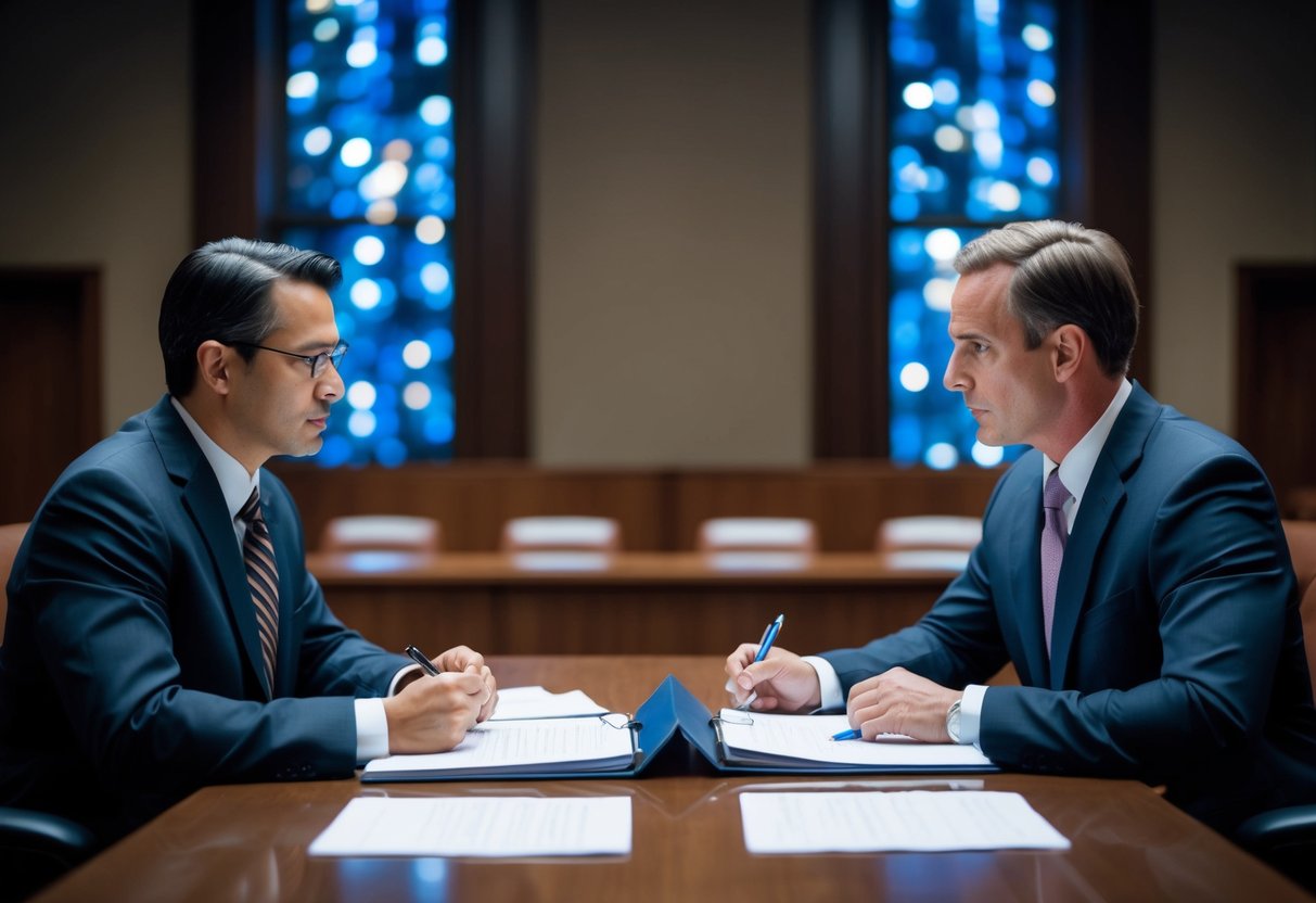 A lawyer and a prosecutor sit across from each other at a table in a dimly lit courtroom, engaged in intense negotiation. The lawyer's file is spread out in front of them, while the prosecutor holds a pen and paper, jotting down notes