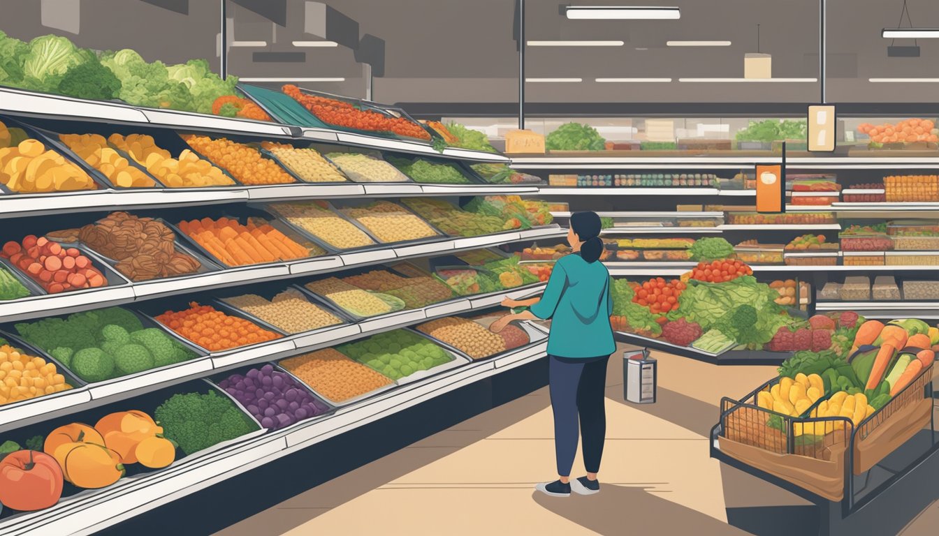 A person is carefully selecting affordable, healthy food items at a grocery store. They are comparing prices and reading nutrition labels