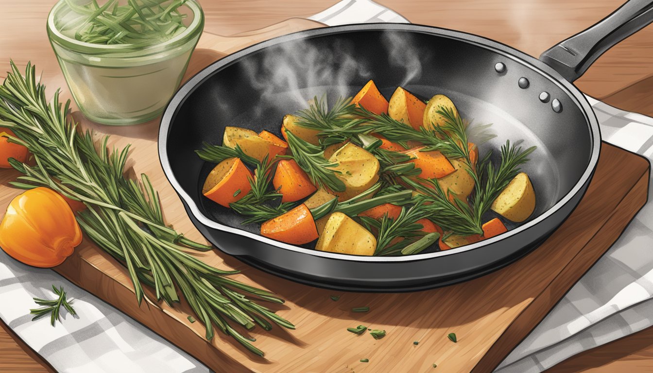 A sprinkle of McCormick Gourmet Organic Crushed Rosemary falling onto a sizzling pan of roasted vegetables