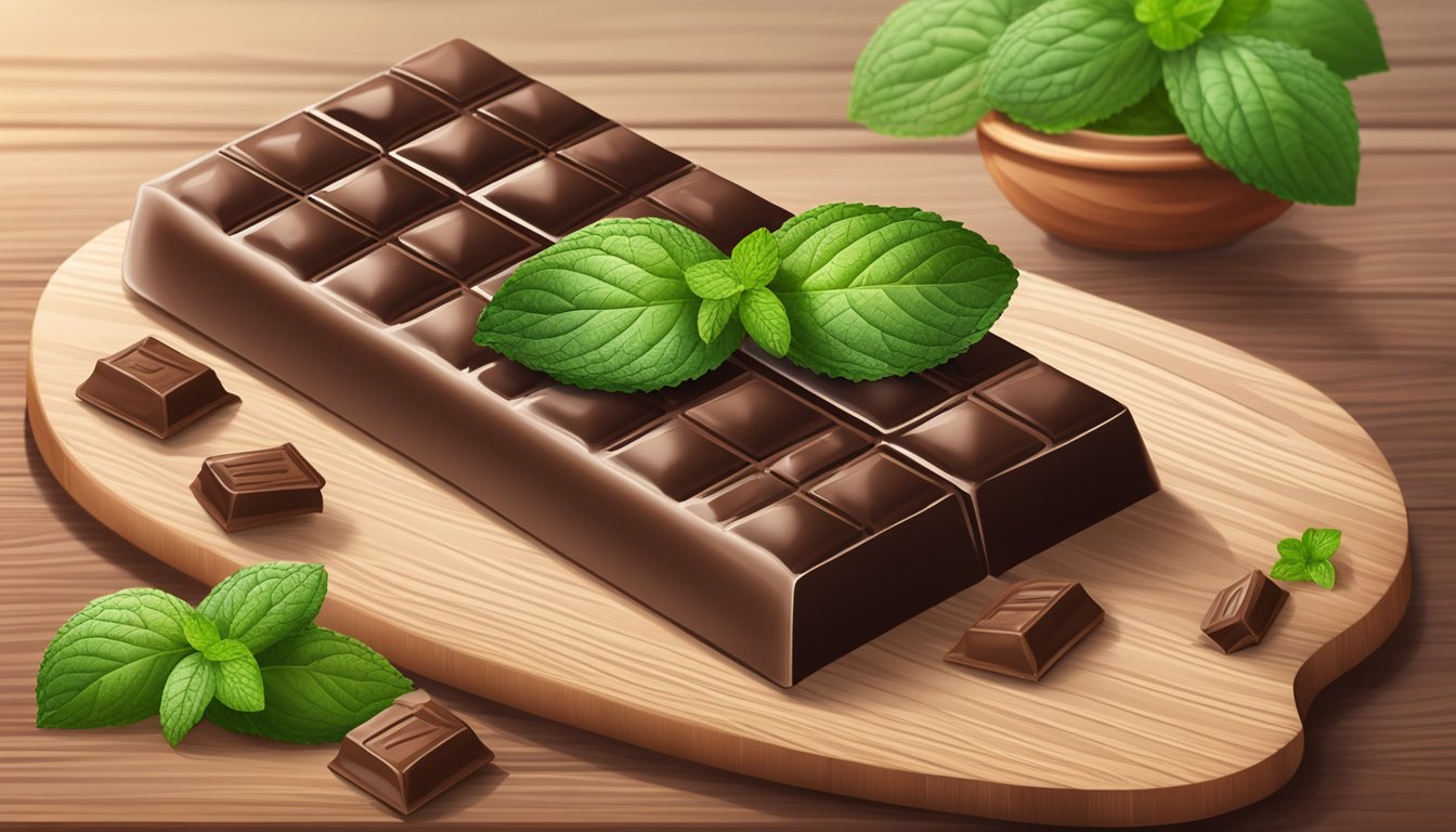 A baker's unsweetened baking chocolate bar surrounded by cocoa beans and a sprig of mint on a wooden cutting board