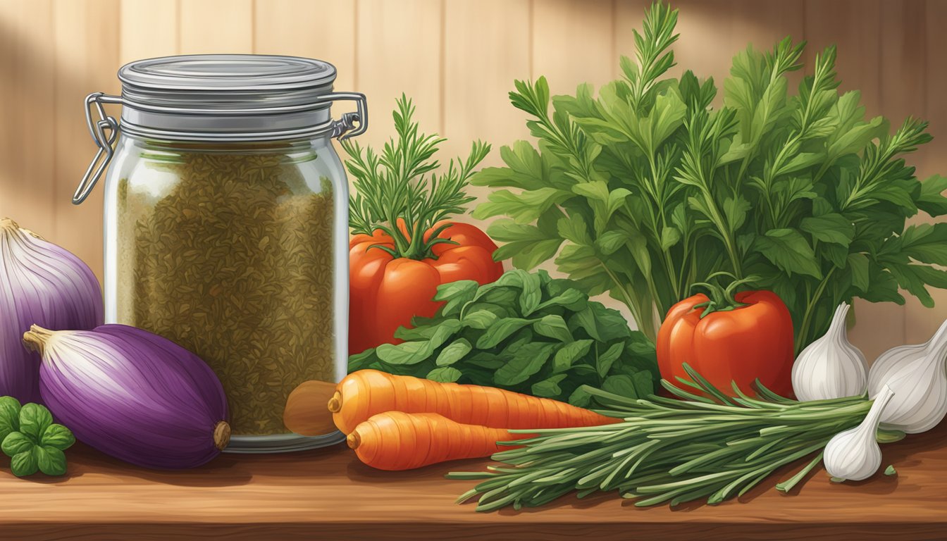 A jar of McCormick Gourmet Organic Crushed Rosemary sits on a wooden kitchen counter, surrounded by fresh herbs and colorful vegetables