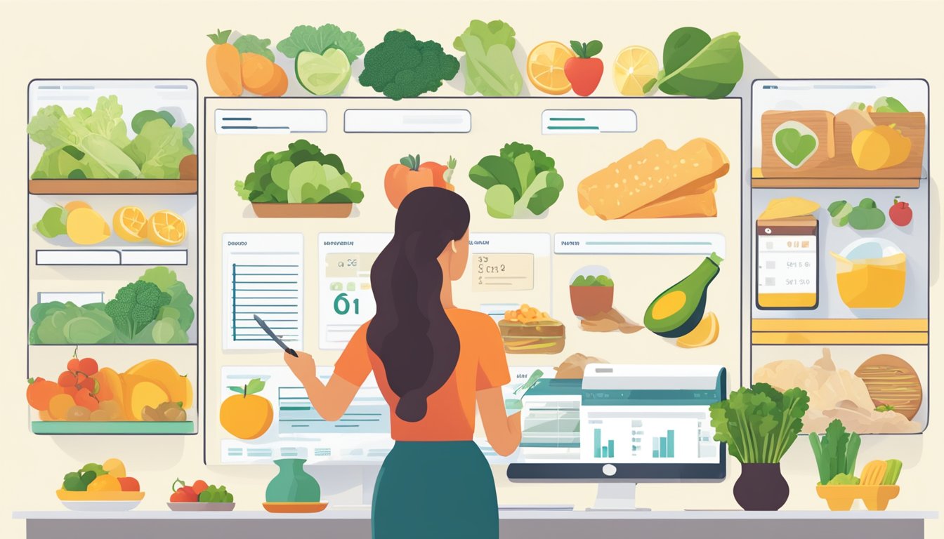 A person creating a budget-friendly meal plan, tracking progress, and adjusting goals with a variety of healthy food options